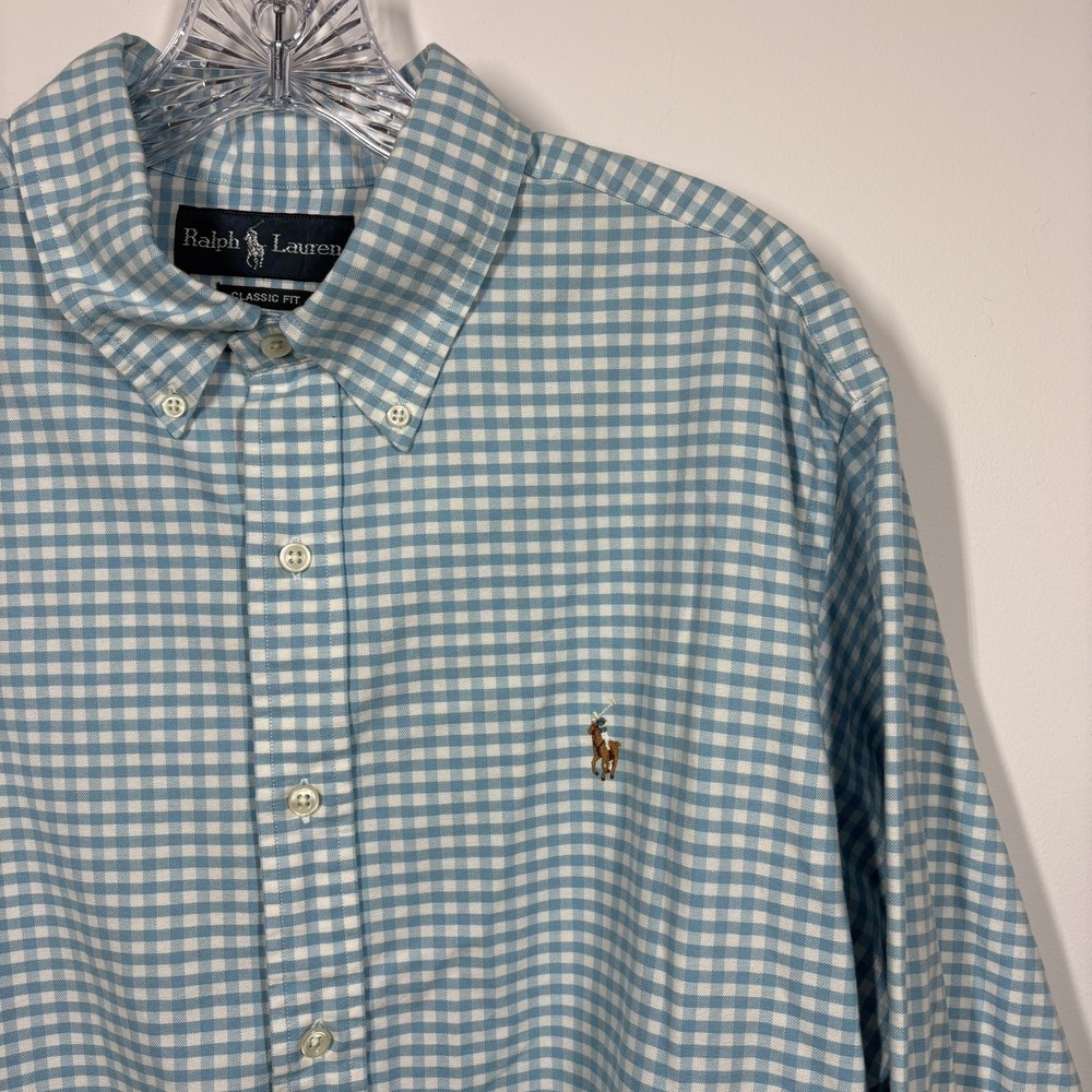 Ralph Lauren Men Gingham Check Shirt Size XL Light Blue‎ Long Sleeve Button Down - Picture 3 of 10